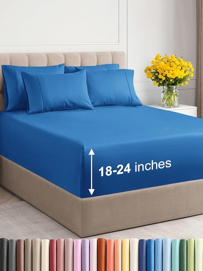 Extra Deep Full Sheet Set - 6 Piece Breathable & Cooling Sheets - Hotel Luxury Bed Sheets Set - Easy & Secure Fit - Soft, Wrinkle Free & Comfy Sheets Set - Royal Blue Sheet Set with Extra Deep Pockets