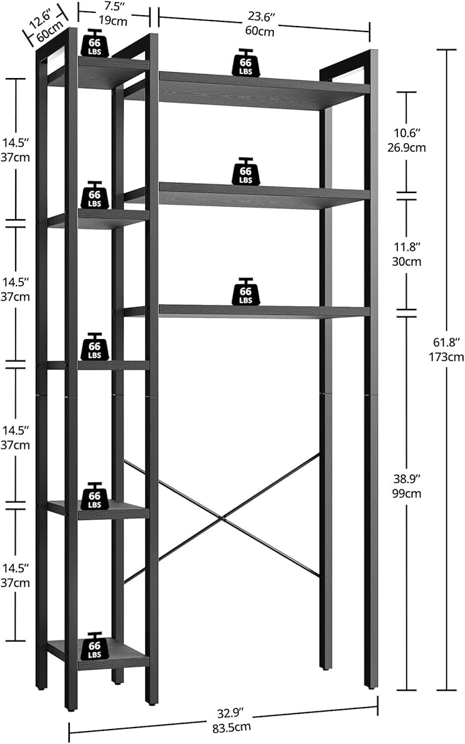 IRONCK Over The Toilet Storage with 8-Titer Shelf, Mass-Storage Side Storage Open Rack, Freestanding Bathroom Organizer Space Saver, for Bathroom, Restroom, Laundry, Black
