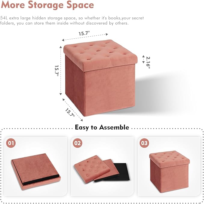B FSOBEIIALEO Storage Ottoman Cube, Velvet Tufted Folding Ottomans with Lid, Footstool Rest Padded Seat for Bedroom (Warm Red, Medium)