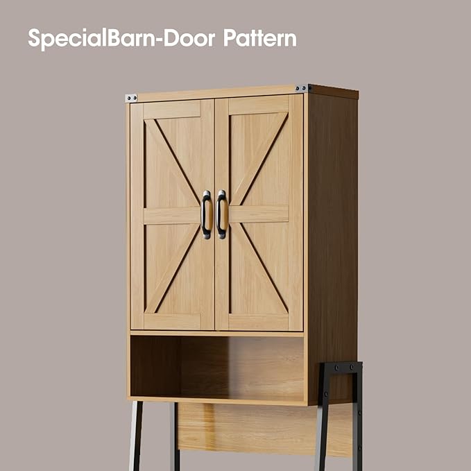 Over The Toilet Storage Cabinet with 2-Door Design Bathroom Organizers and Storage with Anti-Tip Device Over Toilet Organizer with Shelves for Bathroom,Restroom,Laundry Natural