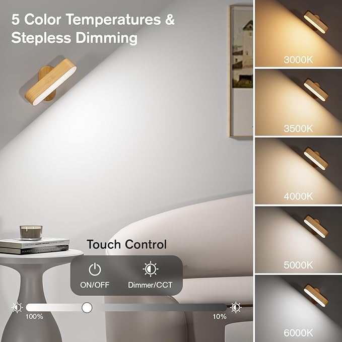 Wall Sconce, LED Battery Operated Wall Sconce for Bedroom, Rechargeable Wireless Wall Light for Picture, 5 Color Modes Stepless Dimmable Wall Lamp for Living Room, Reading