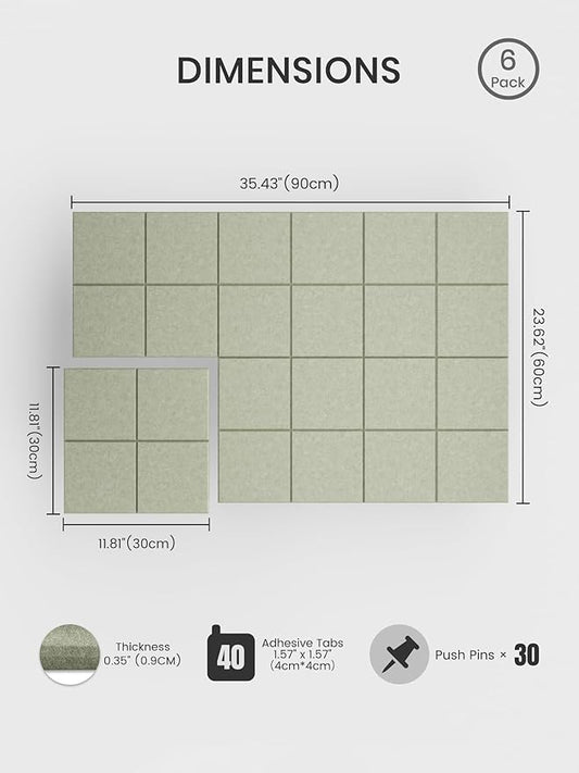 Bumusty Large Cork Board Alternative-36 x24 Felt Bulletin Board Tiles, with 30 Pushpins, 40 Adhesive Tabs, 6-Pack Slat Wall Paneling, Cork Boards for Office Push Pin Board Felt Board-Sage