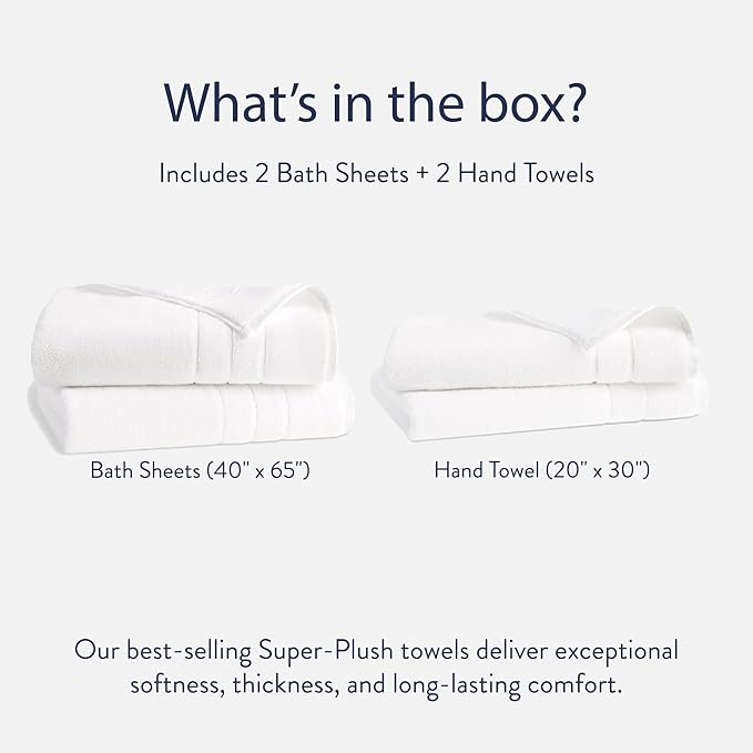 Brooklinen Super-Plush Bath Sheet and Hand Towel Set - 2 Bath Sheets 2 Hand Towels - Cotton, Highly Absorbent (Solid White)