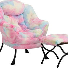 HollyHOME Lazy Chair with Foldable Ottoman, Accent Comfy Lounge Armchair and Folding Footrest Stool, Leisure Sofa Reading Chair and Footstool for Living Room, Bedroom, Dorm,Faux Fur Rainbow