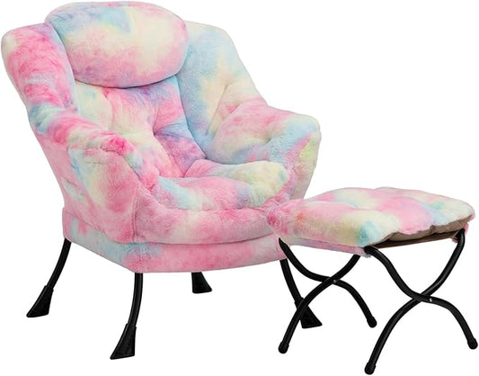 HollyHOME Lazy Chair with Foldable Ottoman, Accent Comfy Lounge Armchair and Folding Footrest Stool, Leisure Sofa Reading Chair and Footstool for Living Room, Bedroom, Dorm,Faux Fur Rainbow