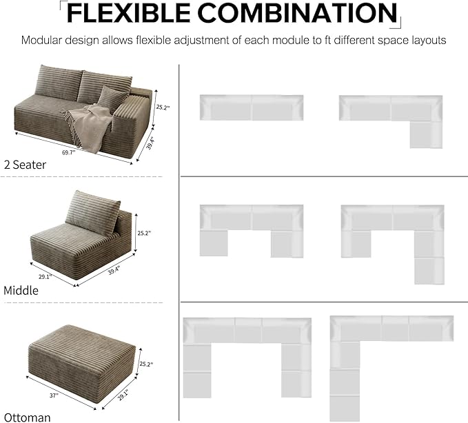 168.5" Modular Sectional Sofa, Oversized U-Shaped Minimalist Couches with 3 Middle Seats Chaise, Modern Deep Seat Convertible Sleeper Sofa, Cloud Plush Corduroy Fabric,7 Seater, Camel