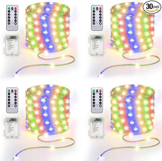 16.5ft Battery Operated String Lights (4 Pack), 50 LED Fairy String Lights Battery Powered with Remote & Timer for Indoor Outdoor Christmas Trees Wreath Decoration Bedroom Patio - Multicolor