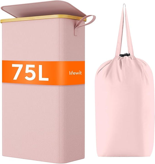 Lifewit 75L Slim Laundry Hamper with Lid, Narrow Laundry Basket with Removable Bag & Bamboo Handles, Fodable Thin Dirty Clothes Hamper for Laundry Collapsible Bin for Bathroom Bedroom Dorm, Pink