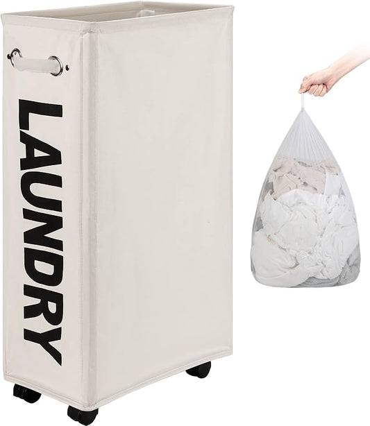 DOKEHOM 29-Inches Enlarged Slim Laundry Basket with Removable Wash Bag on Wheels, Collapsible Rolling Laundry Hamper, Foldable Narrow Corner Clothes Storage Bins (Beige)