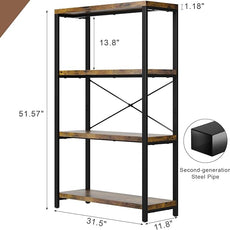 4-Tier Adjustable Heavy Duty Bookshelf, Industrial Wooden Open Storage Rack with Black Metal Frame, Vintage Bookcase with Lock Wall Design, Rustic Brown