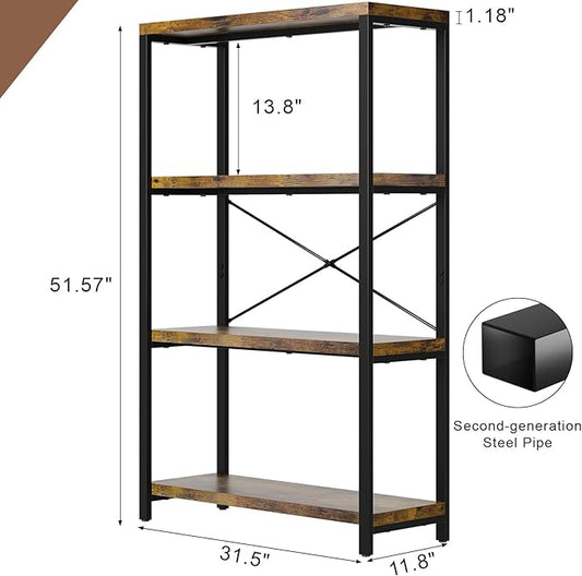 4-Tier Adjustable Heavy Duty Bookshelf, Industrial Wooden Open Storage Rack with Black Metal Frame, Vintage Bookcase with Lock Wall Design, Rustic Brown