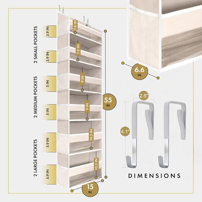 HOMELUX THEORY UPGRADED Over The Door Organizer Hanging - 100D EXTRA THICK & 50lbs HUGE CAPACITY 6 Large Front & 12 Side Pockets, Over The Door Shoe Organizer, Hanging Closet Organizer (Ivory, 1pc)