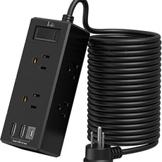 20Ft Extension Cord Flat Plug Power Strip - Tcstei 3-Side Outlet Extender with 6 AC Outlets and 3 USB Ports (1 USB C), Compact for Home, Office, Dorm Room Essentials, Black