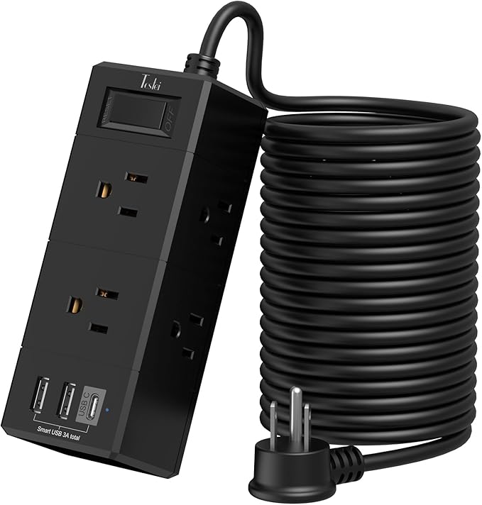 20Ft Extension Cord Flat Plug Power Strip - Tcstei 3-Side Outlet Extender with 6 AC Outlets and 3 USB Ports (1 USB C), Compact for Home, Office, Dorm Room Essentials, Black