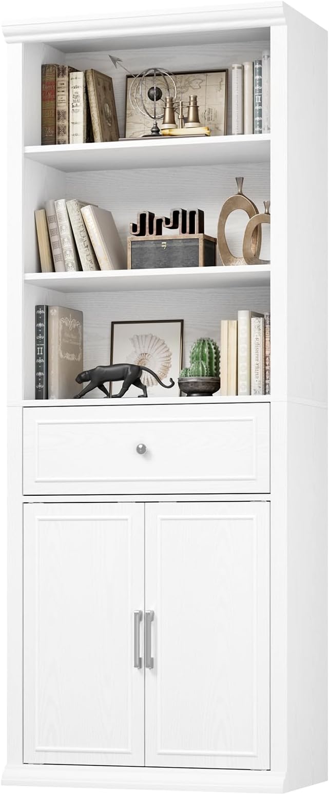 Rresyet Bookcase, 6 Tier White Bookshelf 28" W Tall Minimalist Bookshelves with Storage Cabinet Suitable for Offices, Libraries, Living Rooms