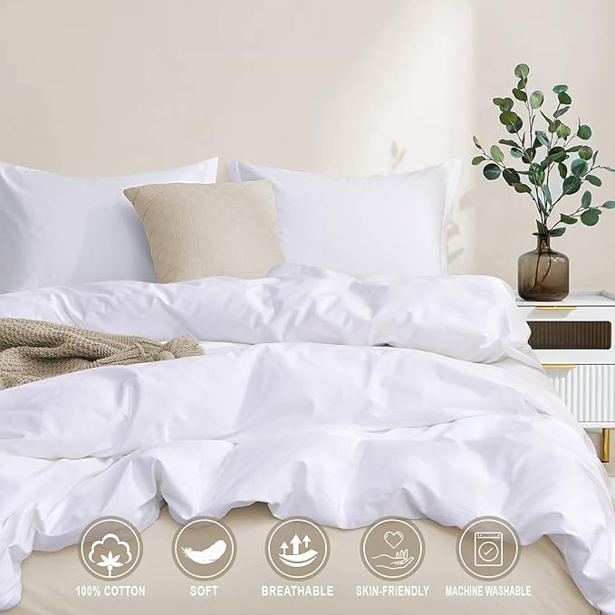 100-Percent Cotton Duvet Cover Set, Hidden Zipper Closure, Ultra Soft, Easy Care and Durable, Simple Bedding Style, Twin, White (Comforter Not Included)