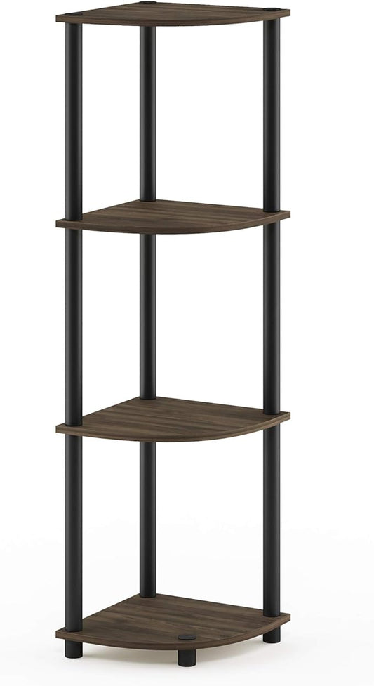 Furinno TURN-N-TUBE Corner Shelf, 4-Tier Corner Bookshelf, Display Storage Shelves with Open Shelves, for Organization and Storage, Living Room, Home Office, Garage, Columbia Walnut