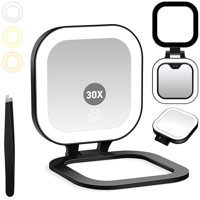 Travel Mirror with Light, 1x/30x Magnifying Mirror with 3 Color Lights and Adjustable Brightness, 4.5x3.9 inch Small Compact Hangable Hand Pocket 3 Way Mirrors, Comes with Tweezer
