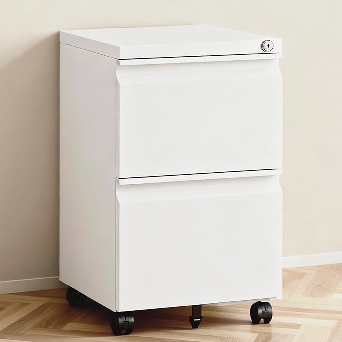2 Drawer File Cabinet with Lock,Under Desk Rolling Small Filing Cabinet for Home Office Storage, Mobile Steel Cabinets with Wheels, Fully Assembled, White
