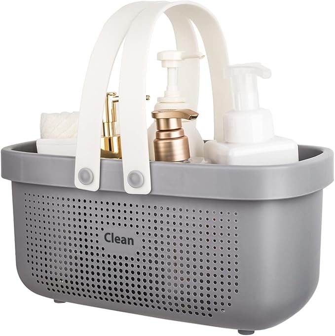 JiatuA Plastic Storage Basket with Handle Portable Shower Caddy Tote Organizer Basket Bin for Bathroom Kitchen Dorm Room Bedroom, Gray