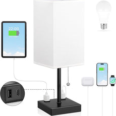 White Medium Table Lamp with USB Ports - 3 Color Temperature Bedside Lamp for Bedroom, Pull Chain Control, USB A and C Ports, 2 AC Outlets, Bulb Included