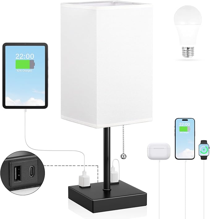 White Medium Table Lamp with USB Ports - 3 Color Temperature Bedside Lamp for Bedroom, Pull Chain Control, USB A and C Ports, 2 AC Outlets, Bulb Included