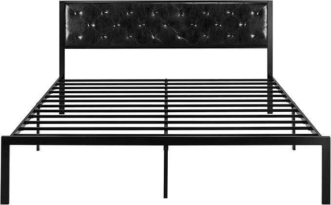 SHA CERLIN King Size Metal Platform Bed Frame, PU Leather Upholstered Button Tufted Headboard, Mattress Foundation with 12.4” Under-Bed Storage, Noise-Free, Easy Assembly, No Box Spring Needed, Black