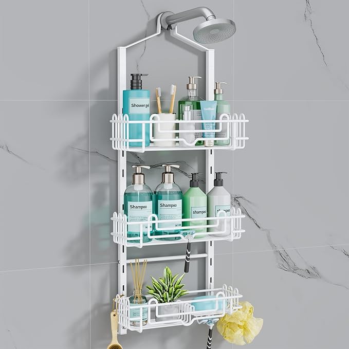 Consumest Shower Caddy Hanging – Rustproof Over Shower Head Hanger with Soap Holder and Hooks, Anti-Slip Shower Shelves for Storage, Bathroom Organizer for Apartment, Dorm, White