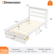 VINGLI Solid Wood Twin Bed Frame with LED Lights & USB Charging Station,Kids Platform Bed with Storage Headboard Shelf, Underbed Storage Drawer,White