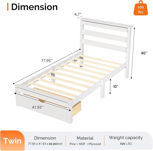 VINGLI Solid Wood Twin Bed Frame with LED Lights & USB Charging Station,Kids Platform Bed with Storage Headboard Shelf, Underbed Storage Drawer,White