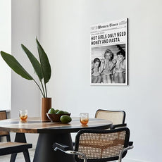 Vintage Women Times Newspaper Canvas Wall Art Black and White Aesthetic Poster Funky Hot Girl Eating Pasta Fashion Prints for Italian Kitchen Bar Cart Girly Dorm Room Art Posters 24x36inch Framed