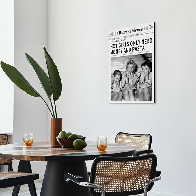 Vintage Women Times Newspaper Canvas Wall Art Black and White Aesthetic Poster Funky Hot Girl Eating Pasta Fashion Prints for Italian Kitchen Bar Cart Girly Dorm Room Art Posters 16x24inch Framed