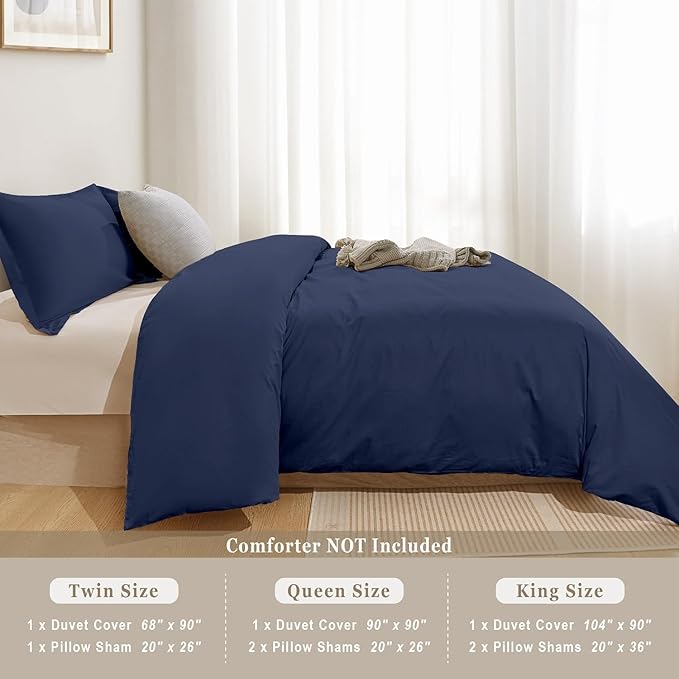 100-Percent Cotton Duvet Cover Set, Hidden Zipper Closure, Ultra Soft, Easy Care and Durable, Simple Bedding Style, Queen, Navy (Comforter Not Included)