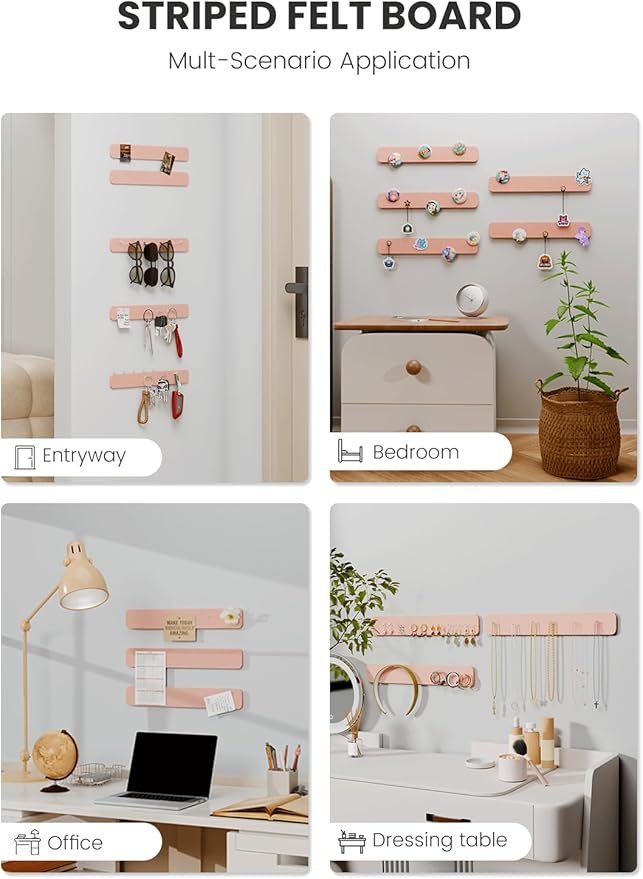 Cork Board Alternative Felt Strip Board 5-Pack 13"x2", Office Pin Board with 35 Push Pins, Adhesive Install for Bedroom Door & Home Office(Pink)