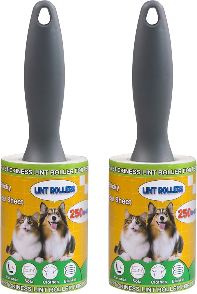 Lint Roller Pet Hair Value Pack of 500 Sheets, Extra Sticky Lint Remover for Dog & Cat Fur, Clothes, Furniture, Couches Reusable Rollers for Fuzz, Fluff & Hair (White, 2 Count / 500 Sheets)