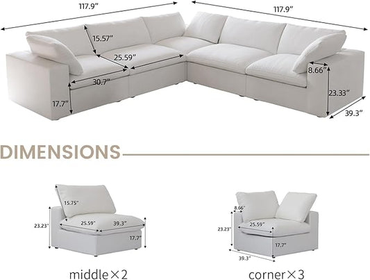 Cloud Couch Modular Sectional Sofa,160.6" Down Filled Convertible Sectional Sofa for Living Room,Modern V Shaped 5 Seater,Covers Removable & Washable, Khaki