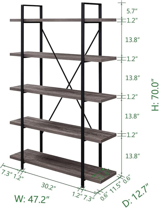HSH 5-Shelf Vintage Industrial Rustic Bookshelf, 5 Tier Wood and Metal Bookcase, Open Etagere Book Shelf, Farmhouse Wooden Bookshelves, Light Grey Oak