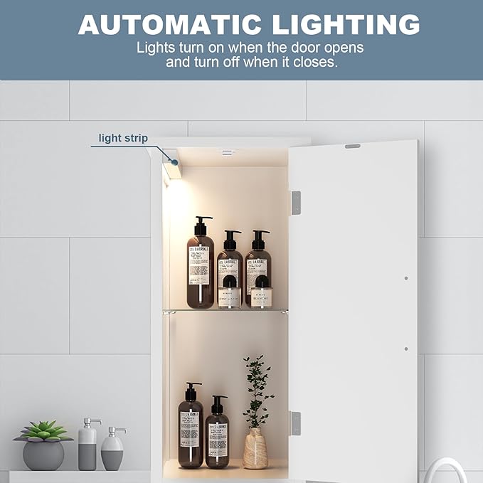 67" Tall Bathroom Storage Cabinet with Lights, Slim Narrow Bathroom Cabinet Organizer with Doors and Adjustable Shelves, Tall Cabinet for Small Space (66.9" Tall-White with Light, 1 Pack)