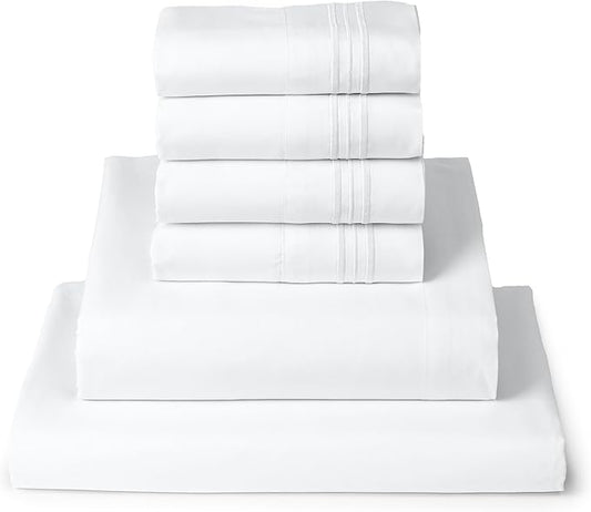 Mellanni Full Sheet Set - 6-Piece Iconic Collection Bedding, (Including 4 Pillowcases), 16-Inch Deep Pocket, Easy Care, Extra Soft, Cooling Sheets, Brushed Microfiber - White