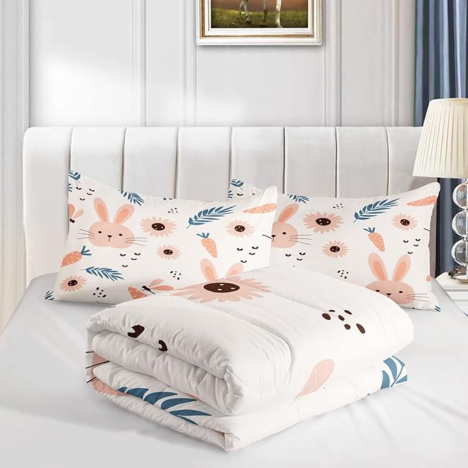 CVHOUSE Kawaii Bedding Twin Size, Cute Rabbit Comforter Set, Girls Room Decor 3 Pieces