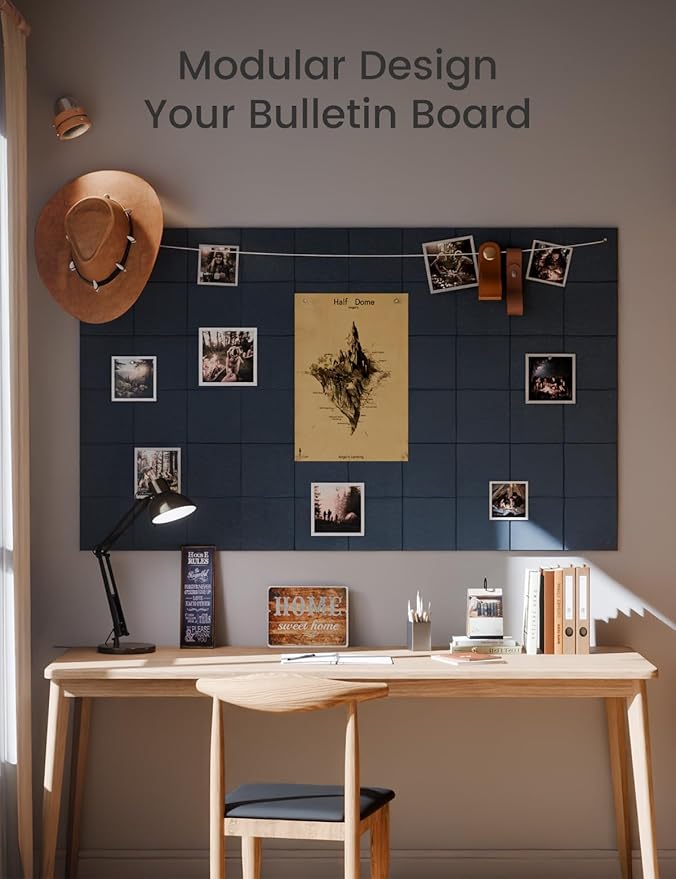 Large Felt Bulletin Board 36"x24", 6-Pack 4-Compartment Wall Organizer, Cork Board Alternative with 60 Removable Adhesive Tabs, Modular Felt Panels for Home Office, Classroom and Study- Navy Blue