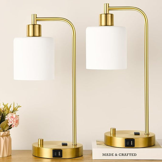 Lynnoland Set of 2 Industrial Table Lamps with USB C+A Ports and Outlet, Gold Fully Stepless Dimmable Bedside Lamps, Nightstand Lamp with Opal Glass Shade for Reading Office (2 LED Bulb)