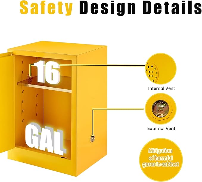 16-Gallon Flammable Storage Cabinet, 18"x18"x23" Galvanized Steel Safety Cabinet with Adjustable Shelf for Commercial, Industrial and Home Use,Yellow