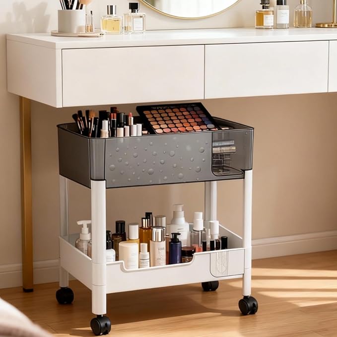 2 Tier Rolling Cart with Wheels for Under Desk Storage, Heavy Duty Plastic Short Small Utility Cart for Small Space Pantry Room Kitchen Laundry Bathroom, 4.7'' Deep Baskets for Tall Bottles