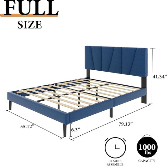 Full Size Platform Bed Frame with Geometric Upholstered Headboard, Noise Free, Wooden Slats Support, No Box Spring Needed, Easy Assembly, Blue, Linen