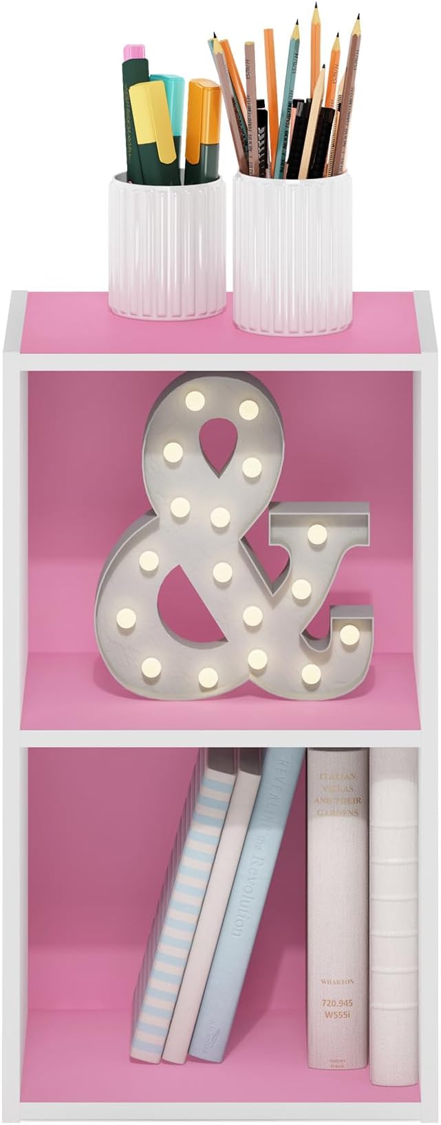 Furinno PASIR Book Shelf, 2-Tier Modern Bookshelf, Open Shelves Bookcase 9 x 12 x 21, for Living Room, Bedroom, Home Office, Pink/White