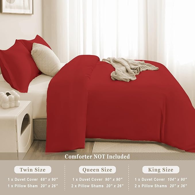 100-Percent Cotton Duvet Cover Set, Hidden Zipper Closure, Ultra Soft, Easy Care and Durable, Simple Bedding Style, King, Red (Comforter Not Included)