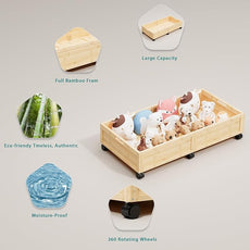 Bamboo Under Bed Storage Containers, Rolling Underbed Organizer with Wheels, Sturdy Under the Bed Shoe Storage Bins, Stackable Underbed Drawers for Bedroom Closet Clothing Toy 2 Packs (Natural, Large)