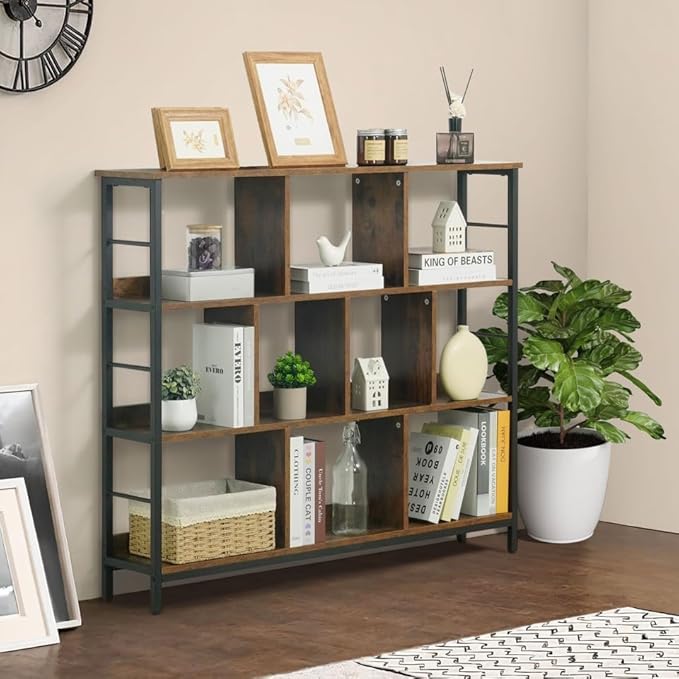 CAPHAUS 10 Cube Storage Organizer, 48” Wide 3 Tier Rustic Oak Industrial Open Shelf Bookcase, Display Shelf, Horizontal Bookshelf with Metal Frame, Wooden Board, for Living Room, Bedroom, Office