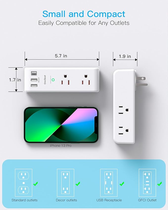 PD 30W Surge Protector Outlet Extender, Rotating Plug, One Beat 6 AC Multi Plug Outlet with 3 USB Ports (1 USB C), 1800J, 3-Sided Swivel Power Strip with Spaced Outlet Splitter for Home Office Dorm